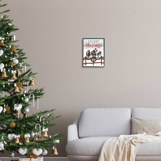 Stupell Industries Moo-rry Christmas Holiday Snowy Cows Framed Giclee Art